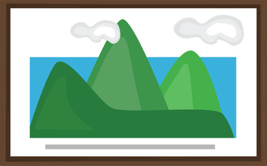 Fototapeta premium Mountain picture with wooden frame flat vector. Mountain picture cartoon vector. Landscape vector illustration isolated on white background. 