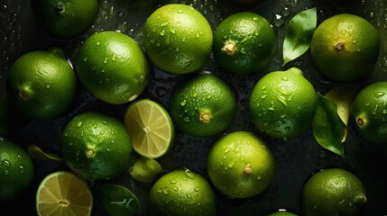 Fresh ripe limes with water drops background. Fruits backdrop. Generative AI