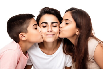 Hispanic mother and children kissing and hugging on a white background