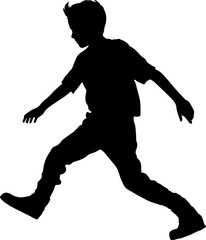 black and white drawing of single running boy, silhouette over white background