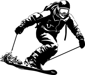 monochrome snow skier, simple vector, silhouette, white background