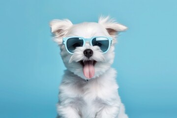Happy Puppy Dog Portrait wearing summer sunglasses and looking at camera isolated on blue gradient studio background. Generative AI