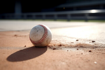 A baseball lies on the gravel outside the dugout prior to a minor league game, - obrazy, fototapety, plakaty