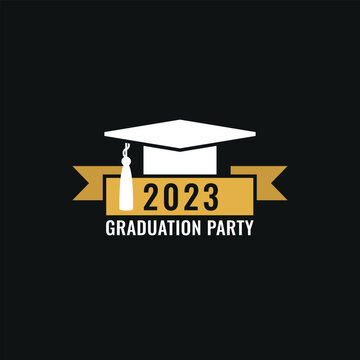 Graduation party logo design. Class of 2023 with graduation cap and ribbon on dark background. Graduation symbols. Vector illustration. 