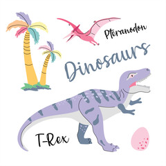 Cute dinosaur drawn as vector on white for kids fashion. Palm and volcano. T-Rex. Pteranodon.