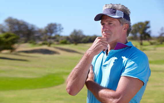 Man, thinking and strategy for golf on grass with vision, ideas and outdoor for sports, exercise or contest. Senior male golfer, decision and planning for game, competition or workout with sport
