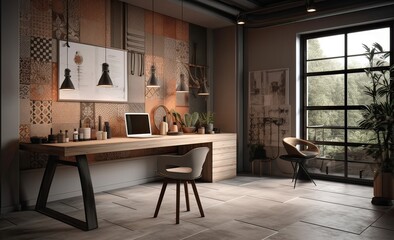 Modern office Interior with old vintage brick Wall. Artwork business space. Generative Ai.