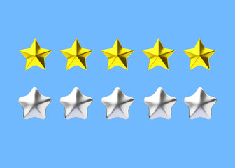 Review 3d render icon - five star customer positive rate, award experience service illustration