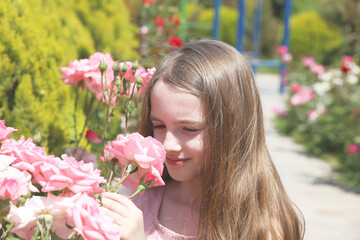 Naklejka premium Little girl among flowerbed of pink roses