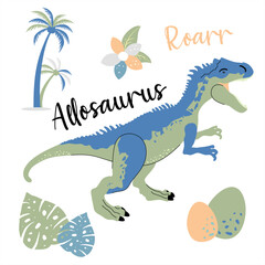 Cute dinosaur drawn as vector on white for kids fashion. Palm and volcano. Allosaurus.