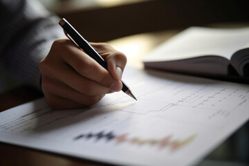 A close-up of a man's hand holding a pen and writing on a financial report with stock charts and numbers