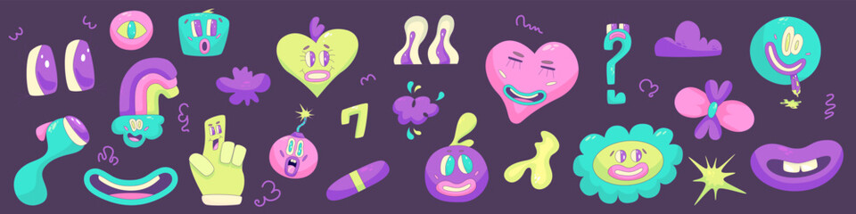 Psychedelic Character Funny set Face smile. Craetive comic trippy character cartoon graphic. Comic funny emotions. Vector illustration
