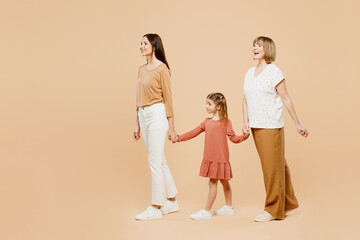 Full body sideways happy fun cool women wear casual clothes with child kid girl 6-7 years old....