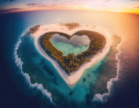 Sunset Aerial view of Pacific Island in the Shape of a Heart. Love Holiday Concept. Generative AI.