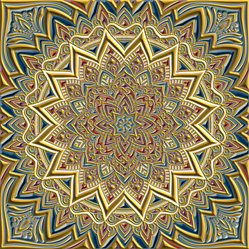 アラビア風カラーのレリーフ風マンダラパターンアート
