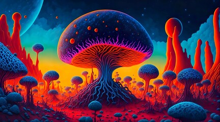 Fototapeta na wymiar surreal, alien landscape of a microscopic fungi, Generative AI