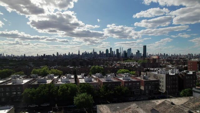 Gorgeous distant view of the New York City skyline in early evening. Sunnyside, Queens, NYC