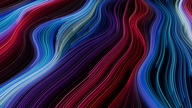 Wavy Neon Background with Blue, Pink and Purple Swirls. 3D Render.