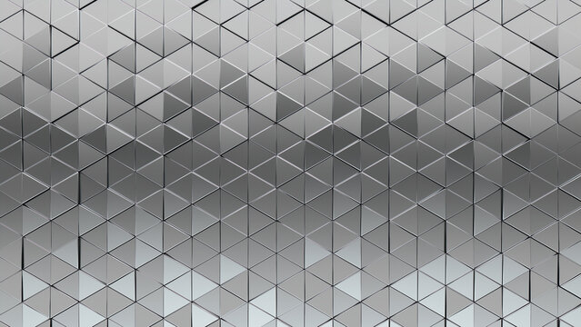 3D Tiles arranged to create a Polished wall. Luxurious, Triangular Background formed from Silver blocks. 3D Render