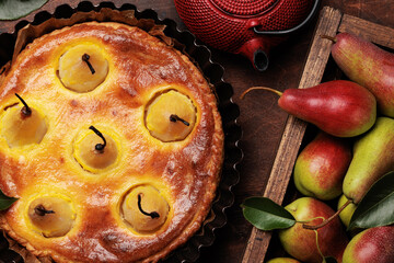 Homemade pear pie. Fruit tart with seasonal fruits