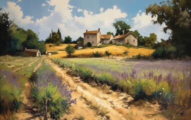 beautiful rural summer landscape of a lavender field with a rustic house, a trip to Europe, art illustration painted, generative ai