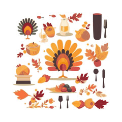 Happy Thanksgiving wish written with elegant calligraphic script and decorated by fallen autumn foliage. Colored seasonal vector illustration in flat style for holiday greeting card, postcard.