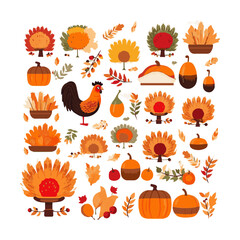 Happy Thanksgiving wish written with elegant calligraphic script and decorated by fallen autumn foliage. Colored seasonal vector illustration in flat style for holiday greeting card, postcard.