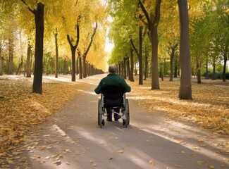 Naklejka premium A disabled man on a wheelchair in the office Young man with disabilities in Asia. A man on a wheelchair Recovery and health care ideas Teamwork in Office created with Generative AI technology
