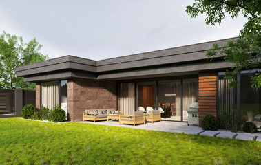 A modern house with a flat roof and panoramic windows surrounded by nature. 3D visualization