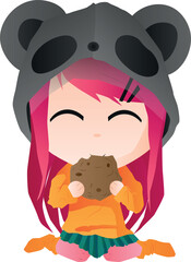 A girl eats cookies in a panda hat