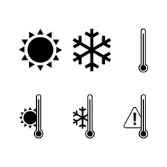 Temperature Line Style Icon Set With Sun Snowflake And Thermometer Weather And Climate Icons Vector Illustration.  Thermometer, sun and snowflake vector. The symbol for changing the temperature.