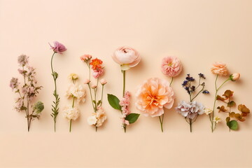 Arrangement of spring flowers against a beige background. Blooming concept. Flat lay. Minimalistic concept