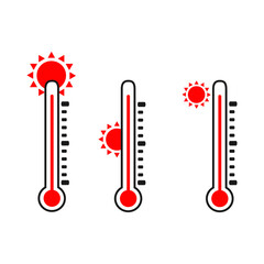 Thermometer and sun. Heat, temperature rise, climate change. Vector icon.