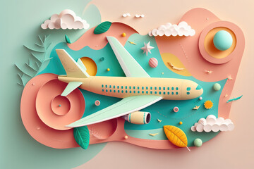 Creative composition made with passenger plane on pastel background. Summer travel or vacation pattern. Airline concept travel plane passengers, generative AI
