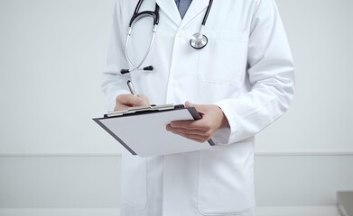 Quality Medical Services. Unrecognizable Male Doctor In Uniform Taking Notes To Clipboard While Standing In Hospital Corridor, Cropped Image, Panorama created with Generative AI technology