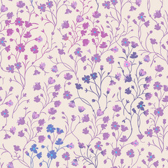 Fototapeta na wymiar Spring floral pattern of purple and blue flowers and twigs on a light beige background.
