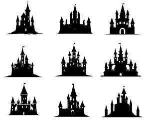 set of castle silhouettes on isolated background - obrazy, fototapety, plakaty