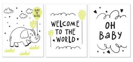 Baby shower cart design with cartoon cute elephant in doodle style. Handwritten inscription - Welcome to the world, Oh baby