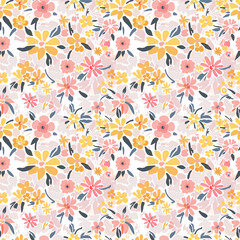 Fototapeta na wymiar Vector seamless pattern. Spring multicolored flowers on a light pink background.