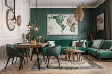 Interior of a chic and eclectic dining area with a mock up poster map, chairs that share a table, a gold pedant lamp, and an excellent sofa in the second room. Wooden parquet, generative AI
