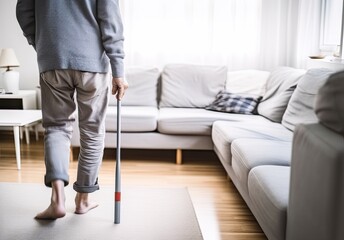 Low section of a disabled person using crutches to walk. Disabled man and woman use crutches to walk at home. created with Generative AI technology