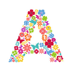  Flower alphabet. Flower symbols forming letter A. Floral ornament in the form of a letter.