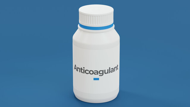 Anticoagulant drug bottle on blue background. Blood clot prevention medicine 3d rendering.
