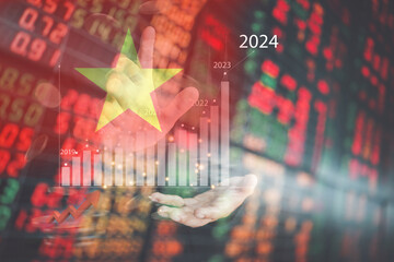 Stock market investment trading financial. Vietnam flag to analyze profitable business finance trend data background - obrazy, fototapety, plakaty