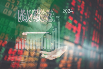 Stock market investment trading financial. Saudi Arabia flag to analyze profitable business finance trend data background - obrazy, fototapety, plakaty