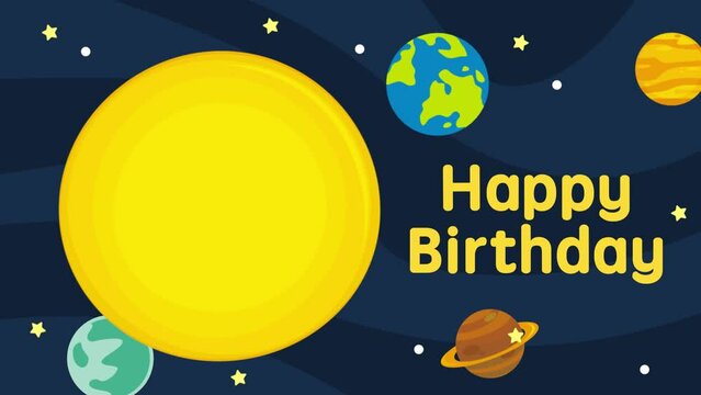 outer space cartoon scene with happy birthday motion seamless loop background