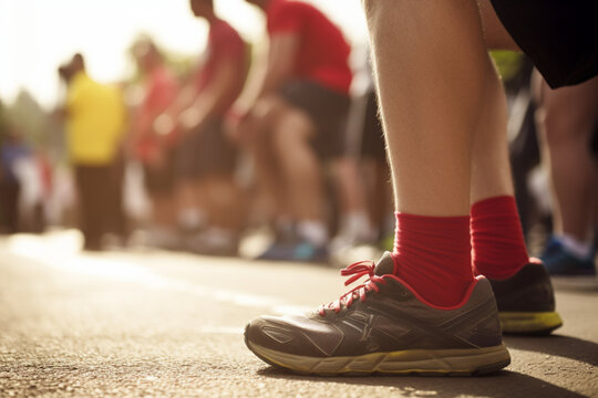 A man's feet in sneakers standing at the starting line of a race representing competition and determination