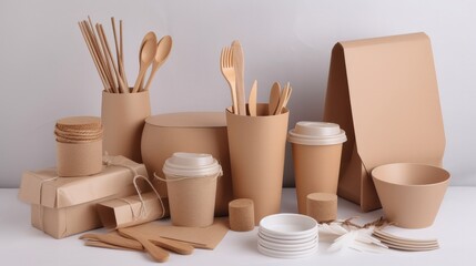 Fototapeta na wymiar Set of eco-friendly tableware and kraft paper food packaging on light gray background. Street food paper packaging - cups, plates, straws, containers, and paper bags. Mockup