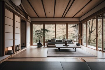 a minimalist japanese interior, with clean lines, natural materials and a focus on the artwork, created with generative ai