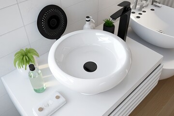 Fototapeta premium a round white washbasin with a black drain, surrounded by sleek and modern bathroom accessories, created with generative ai